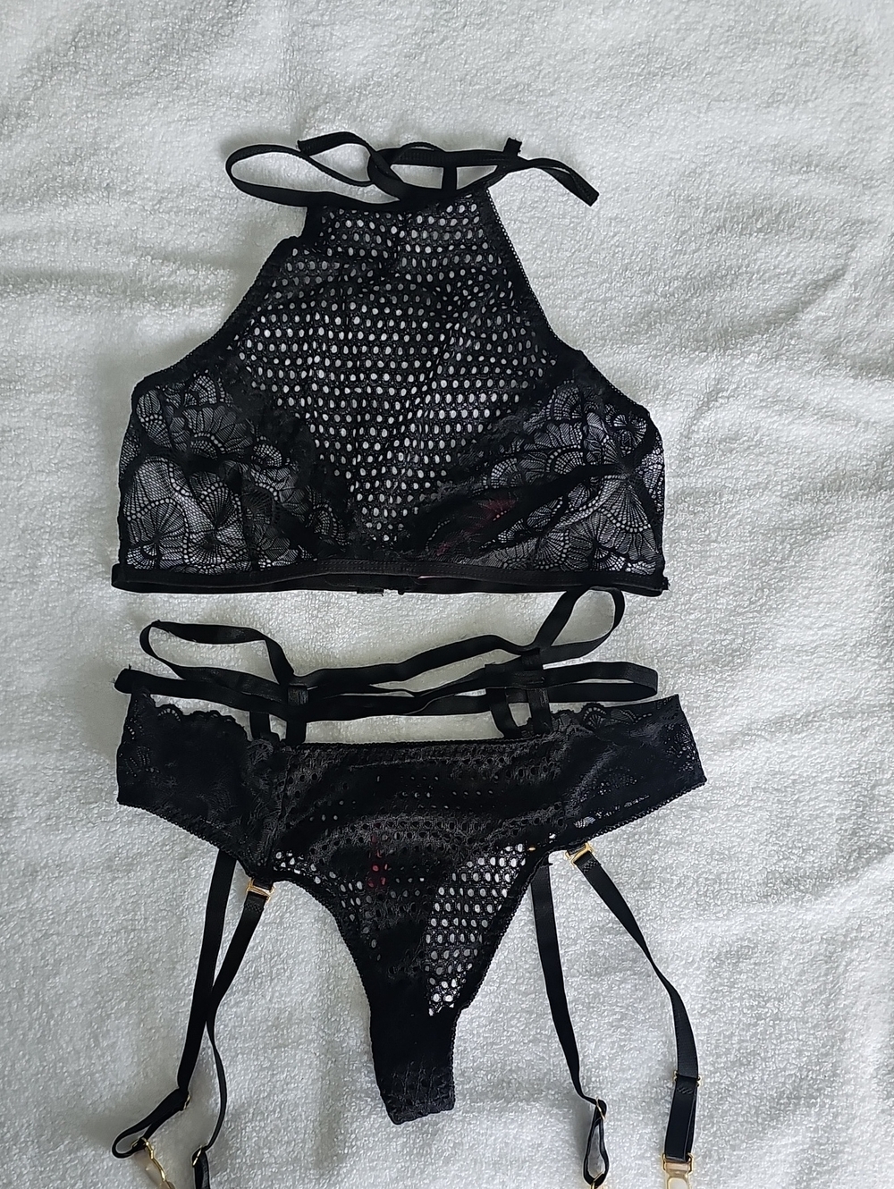 Black Lace High-Neck Lingerie Set with Garter Straps